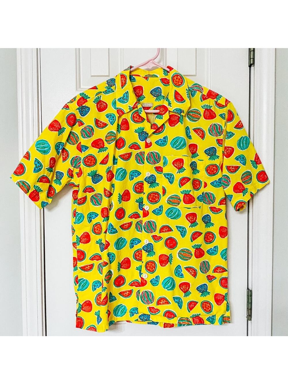 Colorful Vibrant Yellow Summer Fruit Short Sleeve Button Down Shirt